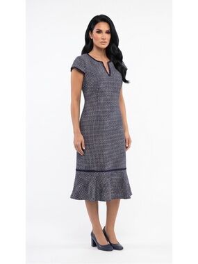 Karl Lagerfeld Paris Navy & White Tweed Cap-Sleeve Midi Dress Sz 14 Embroidered